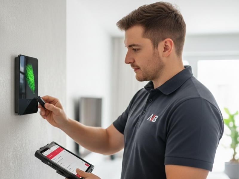Technician installing a professional alarm system